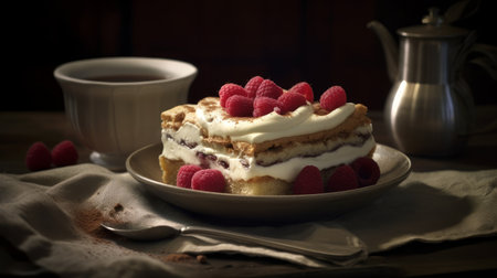 experience the pure sharpness and soft shadows of a cinematic light as it captures close-ups of a delicious tiramisu strudel bowl topped with whipped cream and raspberry. shot with the canon r5 mirrors and rf 85mm lens. ai generatedの素材