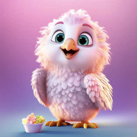 this 3d rendering of an eagle with sparkling fur, bright big eyes, and fluffy hair is super cute. the light pink and white color scheme, along with the sweet smile and exquisite clothing, make it look like it's straight out of a pixar movie. the eagle is holding a corn in its hand and singing in a natural light background. the incredible high details andの素材