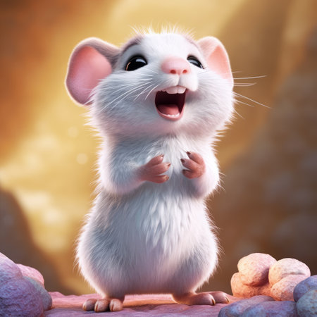 this 3d rendering features a super cute light pink and white pixar style rat from the rock hyrax tale story. the rat is holding a corn in hand, singing, and smiling with a sweet and cute smile. it has two cute ears, sparkling fur, bright big eyes, and fluffy hair. the rat is wearing exquisite clothing and is surrounded by exquisite delicacy. the incredible highの素材