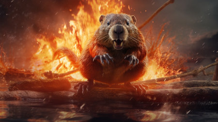this stunning 8k footage captures a beaver jumping up and down while roaring in front of a background of flames. the shot is full body and incredibly realistic, with superb detail and strong sense of camera. the red and yellow tones of the flames add to the dramatic effect, while chains in the foreground add an extra layer of intensity. ai generatedの素材