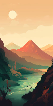 experience the beauty of nature with this minimalist boho art style featuring a stunning volcano mountain landscape. ai generatedの素材