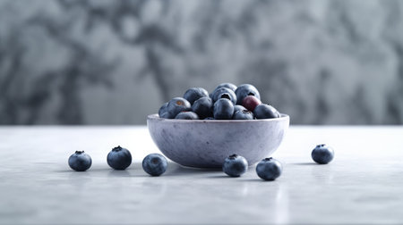 a beautiful arrangement of blueberries in a minimalist style, set against a polished concrete backdrop with a mix of light gray and navy colors. ai generatedの素材