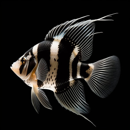 this text describes the process of generating an image of a black and white angelfish with a long dorsal fin, resembling that of a tiger. ai generatedの素材