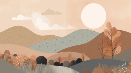 this art print features a serene field landscape with muted colors and soft shapes, inspired by boho and zen styles. the minimalist design adds a touch of simplicity and elegance to any room. ai generatedの素材