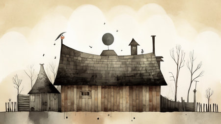 this is a stunning full-page illustration of a beautiful roof created by the talented artist jon klassen. the intricate details and use of color make this piece truly remarkable. ai generatedの素材