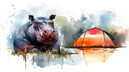 this vector contour graphic depicts a hippopotamus in front of a campsite, rendered in beautiful watercolor. ai generatedの素材