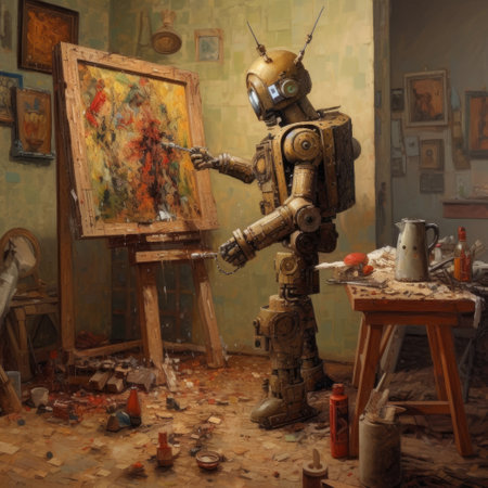 witness the incredible work of an inspection robot as it creates a stunning painting in its atelier. this robot is a true artist, using its advanced technology to produce a one-of-a-kind masterpiece. ai generatedの素材