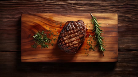 a succulent piece of steak cooked to perfection, served on a rustic wooden table. the top view showcases the beautiful char marks and the juicy texture of the meat. ai generatedの素材