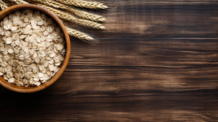 a delicious bowl of oatmeal sits on a rustic wood table, with a beautiful top-down view. the warm colors and textures make for a cozy breakfast scene. ai generatedの素材