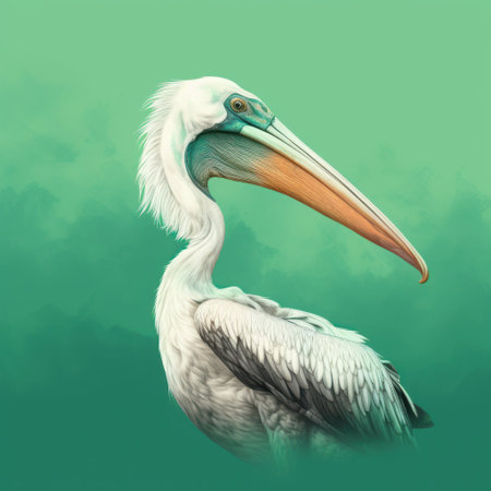 this sketch depicts a pelican in side view, with its head turned towards a cloud in the distance. the image is done in a minimalist style, with thick lines and a green and white color scheme. the sketch is of the best quality, with 8k resolution. ai generatedの素材