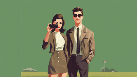 a modern minimalist illustration by bryan lee o'malley depicts two people in vintage clothing taking a selfie on a green lawn. the artwork is restorable and captures the essence of nostalgia. ai generatedの素材