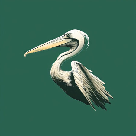 this sketch depicts a pelican in side view, with its head turned and a cloud in the background. the image is done in a minimalist style with thick green and white lines, and is of the highest 8k quality. ai generatedの素材