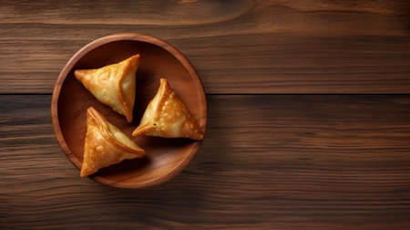 enjoy the mouth-watering taste of crispy samosas served on a rustic wooden table. perfect for a snack or appetizer, this dish is sure to satisfy your cravings. ai generatedの素材