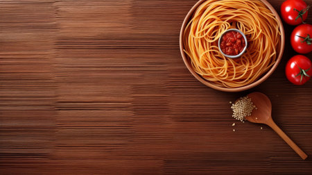 a delicious plate of spaghetti with tomato sauce and herbs on a wooden table viewed from above. ai generatedの素材
