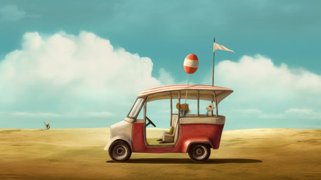 this golf cart is designed with the whimsical and imaginative style of oliver jeffers, featuring bright colors and playful patterns. perfect for a fun day on the course!, ai generatedの素材