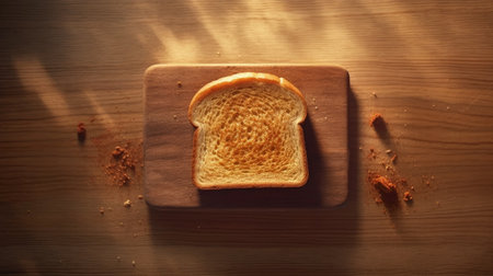 a delicious slice of bread toasted to perfection, placed on a rustic wooden table. the warm colors and textures create a cozy atmosphere. ai generatedの素材