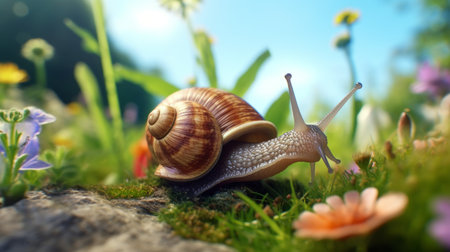 this stunning 8k photograph captures the intricate details of a wolf garden snail without eyes, set against a backdrop of lush green grass and leaves under a blue sky. the shady, cozy light adds to the overall ambiance of the image. ai generatedの素材
