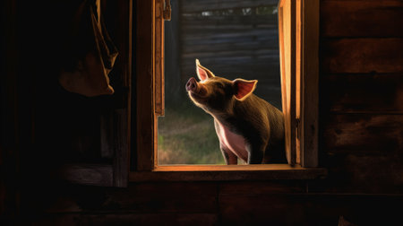 a pig is seen looking outside from a cabin window, enjoying the view of nature. ai generatedの素材