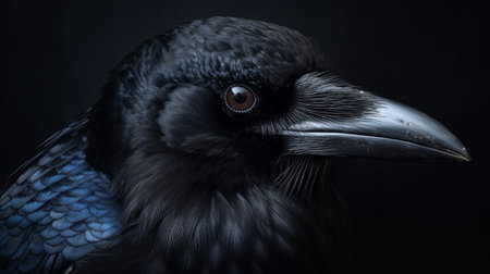 this stunning photo of a crow was taken with a 50mm lens, showcasing the intricate details of its feathers. perfect for passport photos or as a unique piece of art, this image captures the beauty of wildlife in a new light. ai generatedの素材