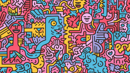 make a fun and cheerful collage in the iconic keith haring style. use an outline, contour style with 2d, flat design and no spirals or shadows. choose a pastel background and fill the white space with medium-strong colors. aim for a resolution of 8k or similar. ai generatedの素材