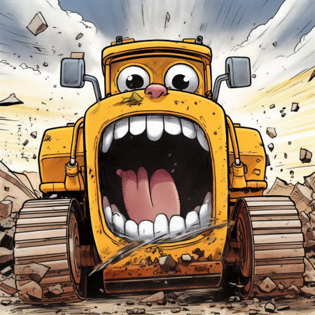 a humorous cartoon illustration of a bulldozer with a shocked expression on its face. the bulldozer is depicted with wide eyes and an open mouth, as if it has just seen something surprising or unexpected. ai generatedの素材