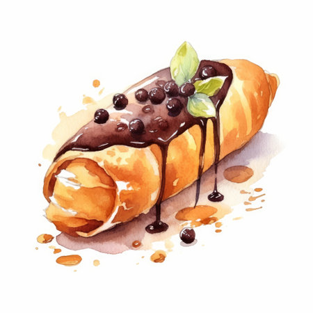 a top-down view of a delicious cannoli with a rich chocolate glaze, depicted in a beautiful watercolor style. the white background makes the dessert stand out. ai generatedの素材