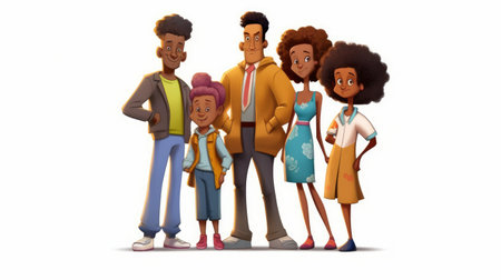 create a scene featuring roger rabbit's family, including his wife and kids, with roger wearing blue pants and a closed chest shirt and sporting an afro hairstyle in the style of the simpsons. ai generatedの素材