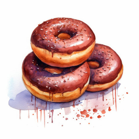 a top view of donuts with a chocolate glaze painted in watercolor style on a white background. ai generatedの素材