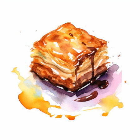 a top view of delicious baklava with a chocolate glaze, painted in watercolor style, set against a white background. ai generatedの素材