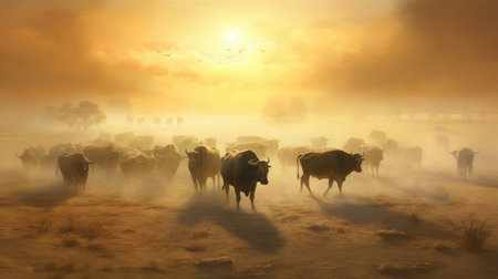 a group of cows are seen running through a dusty field with a large shark in the foreground. the scene is illuminated by a shaft of golden light. ai generatedの素材
