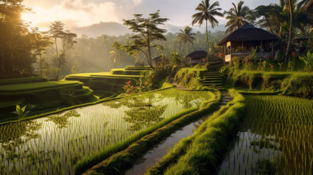 experience the breathtaking beauty of bali's rice fields, known for their vibrant green hues and serene atmosphere. take a stroll through the plain of the most beautiful rice fields in bali and immerse yourself in the island's natural beauty. ai generatedの素材
