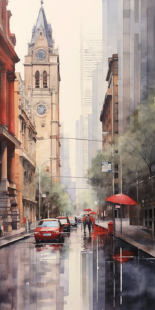 experience melbourne city in a watercolor painting minimalist style, inspired by alex ross. this unique perspective is captured through a wide angle lens, showcasing the city's beauty in a new light. ai generatedの素材