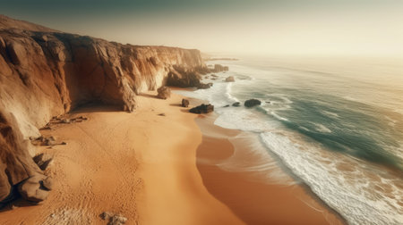 this stunning photograph of a sandy beach, captured from a cliff, features warm color grading and hyper-realistic details. inspired by famous drone photographers, this shot is a true masterpiece. ai generatedの素材
