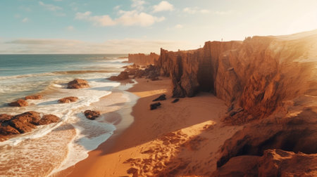 this stunning photograph of a sandy beach, captured from a cliff, features warm color grading and hyper-realistic details. inspired by famous drone photographers, this shot is a true masterpiece. ai generatedの素材