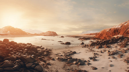 this stunning photograph features warm color grading and was inspired by famous drone photographers. the hyper-realistic image captures the beauty of a sandy beach in the tundra. ai generatedの素材