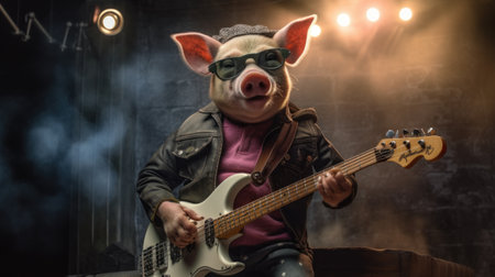 annie leibovitz captures a pig dressed as a rock musician playing bass guitar on stage, showcasing her unique and creative photography style. ai generatedの素材