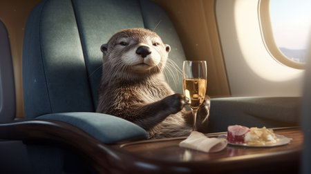 a 3d cartoon version of an otter enjoying a glass of champagne while flying in a private jet. ai generatedの素材