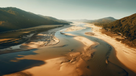 this stunning river shot of a sandy beach features warm color grading and is inspired by famous drone photographers. the hyper-realistic quality of the image is sure to impress. ai generatedの素材