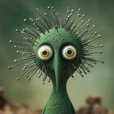 a close-up shot of a green bird figurine with painted eyes on its head, designed in the style of evgeni gordiets and clemens ascher. the figurine is a dreamcatcher and features elements from artists such as didier lourenco, concrete, inventive character designs, and spiky mounds. ai generatedの素材