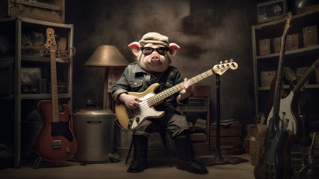 annie leibovitz captures a pig dressed as a rock musician playing bass guitar on stage in a stunning photograph. ai generatedの素材