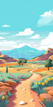 this illustration depicts a plateau on a sunny day with a blue sky and pastel colors. the flat vector style gives it a modern and minimalist look. ai generatedの素材