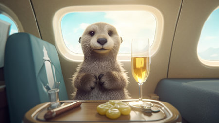 experience luxury with this 3d cartoon v5 of an otter enjoying a glass of champagne in a private jet. ai generatedの素材
