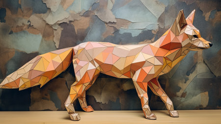 this artwork features a soft textured depiction of a red fox and wolf in a geometric style, set against the backdrop of an old growth forest. ai generatedの素材