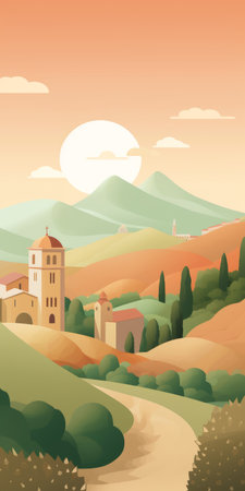 design a travel blog cover that captures the beauty and tranquility of remote italy. use a minimalist style with muted colors, simple rustic buildings, and lush green karst. add abstract shapes for a modern touch and hand-drawn typography for an authentic feel. ai generatedの素材