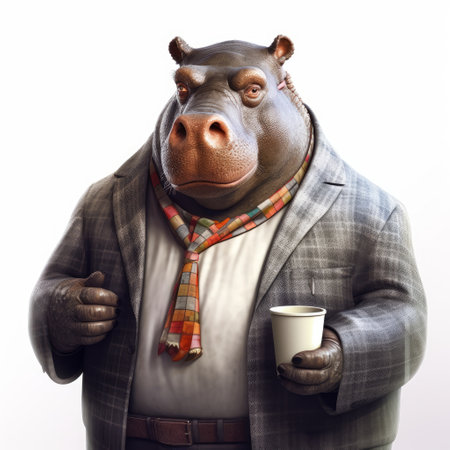 a hyper-realistic 3d rendering of a hippopotamus holding a hot coffee mug and engaging in a conversation with people against a white background. the style is inspired by unreal engine, sketchfab, and hyper-realistic oil paintings. ai generatedの素材