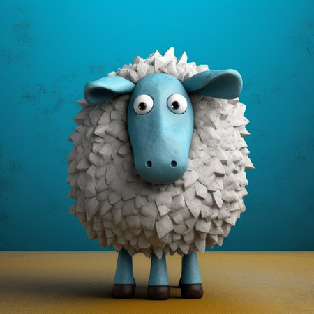 this sheep figurine is a unique piece of art in the style of evgeni gordiets, clemens ascher, didier lourenco, concrete, inventive character designs, and spiky mounds. the blue feathers and eyes painted on its head add a touch of whimsy to the design. the close-up view allows you to appreciate the intricate details of the figurine. ai generatedの素材