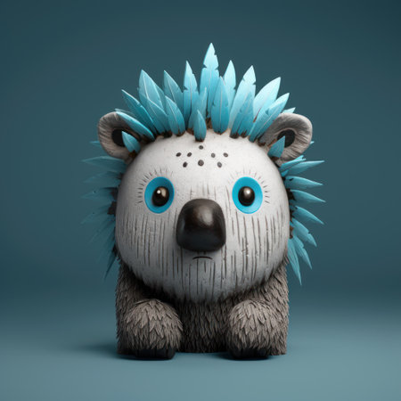 this bear figurine is designed in the style of evgeni gordiets, clemens ascher, didier lourenco, concrete, inventive character designs, and spiky mounds. it features blue feathers and eyes painted on its head, and is captured in a close-up shot. ai generatedの素材