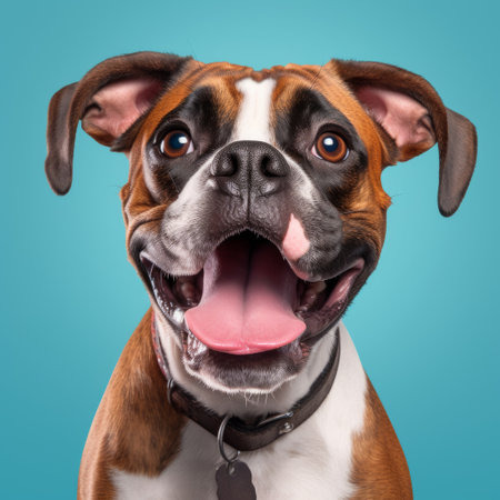 this image features a boxer breed dog with a happy expression on a plain background. the dog's playful and friendly nature is captured in this photograph. ai generatedの素材
