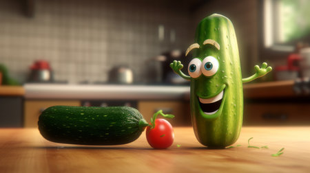 in this whimsical scene by paul wong, two cucumber friends with eyes engage in conversation amidst dusty piles and a low depth of field. the charming kitchen background adds to the playful atmosphere. ai generatedの素材