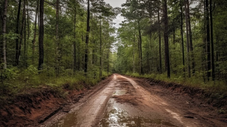 this photo captures the essence of the snapshot aesthetic, showcasing an empty dirt road plateau in the midst of a serene forest. the photo was taken with a nikon d850 camera and provia film. ai generatedの素材